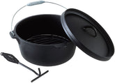 4pc Camp Oven Set - 9 Quart Heavy Duty Pre-Seasoned Round Cast Iron Camp Oven, Lid Lifter, Wire Trivett and Canvas Carry Bag